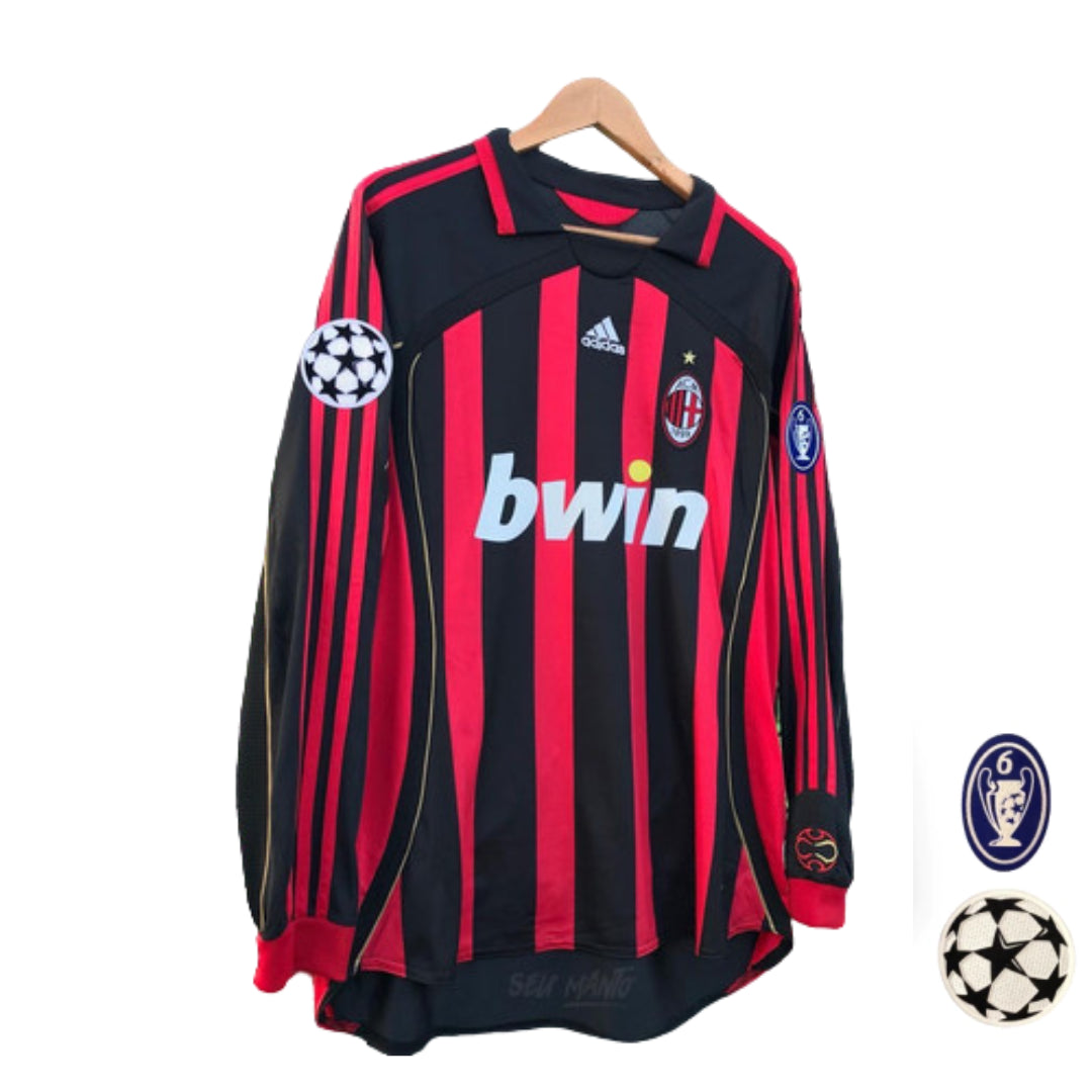 Camisa Manga Longa Retrô Milan I (Home) 06/07 - Torcedor Masculina - Vermelho e Preto - Manto Elegante