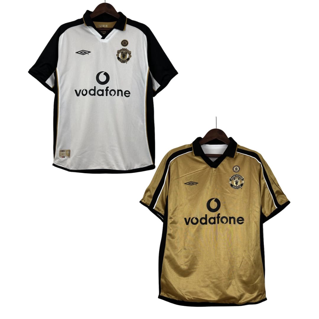 Camisa Retrô Dupla Face Manchester United 01/02 Edição Especial de 100 Anos - Torcedor Masculina - Branco ou Dourado