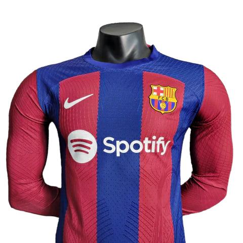 Camisa Manga Longa Barcelona I (Home) 23/24 - Jogador Masculina - Vermelho e Azul - Manto Elegante