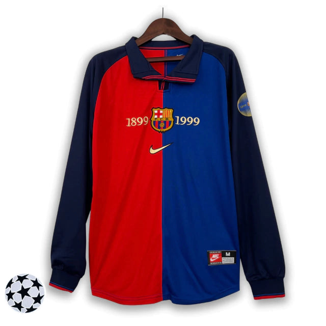 Camisa Manga Longa Retrô Barcelona Edição Especial Centenário 98/99 - Torcedor Masculina - Vermelho e Azul - Manto Elegante