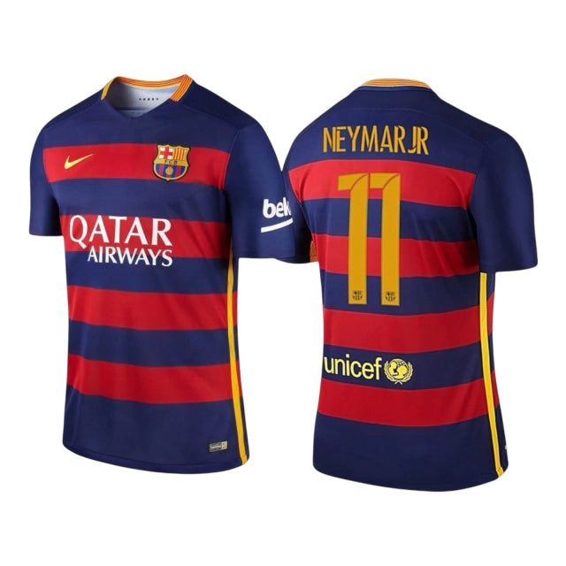 Camisa Retrô Barcelona I Neymar JR #11 2015 - Torcedor Masculina - Azul e Vermelho