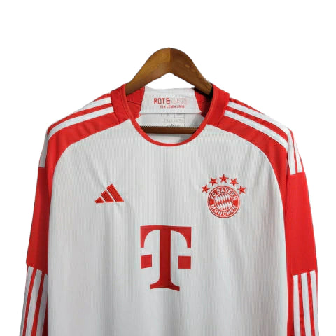 Camisa Manga Longa Bayern de Munique I (Home) 23/24 - Torcedor Masculina - Branco e Vermelho - Manto Elegante