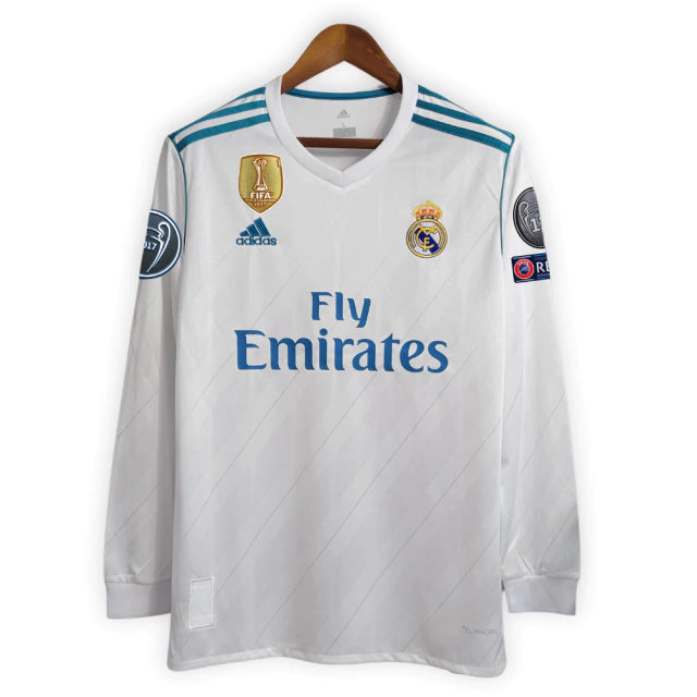Camisa Manga Longa Retrô Real Madrid I (Home) 17/18 - Torcedor Masculina - Branco - Manto Elegante