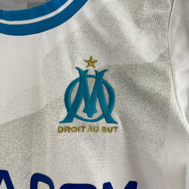 Conjunto Infantil Olympique de Marseille I (Home) 23/24 - Branco - Manto Elegante