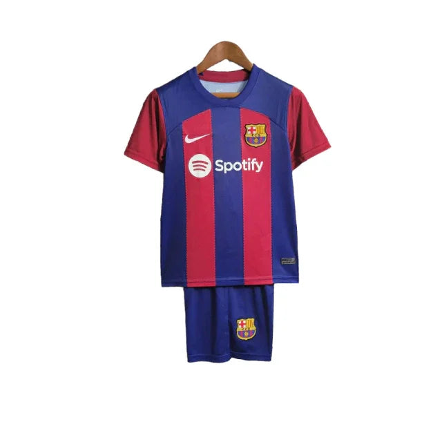 Conjunto Infantil Barcelona I (Home) 23/24 - Vermelho e Azul - Manto Elegante
