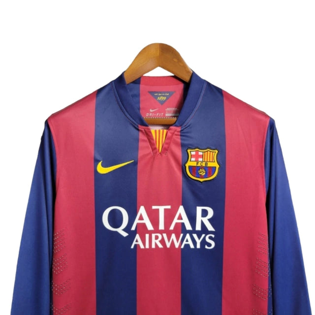 Camisa Manga Longa Retrô Barcelona I (Home) 14/15 - Torcedor Masculina - Vermelho e Azul - Manto Elegante