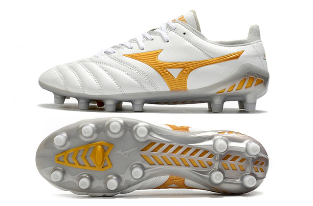 Chuteira de Campo Mizuno Morelia Neo Branca e Dourada - Manto Elegante