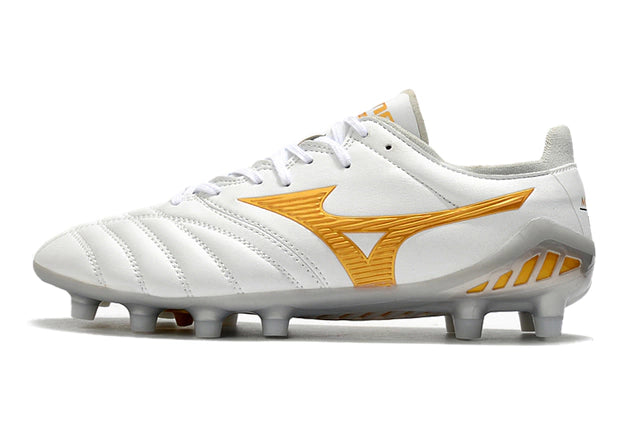 Chuteira de Campo Mizuno Morelia Neo Branca e Dourada - Manto Elegante