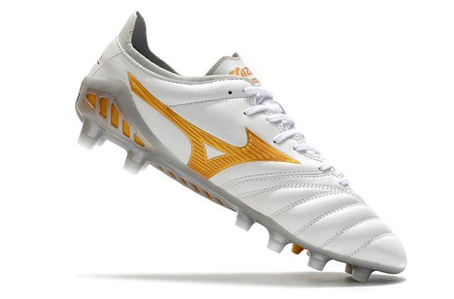 Chuteira de Campo Mizuno Morelia Neo Branca e Dourada - Manto Elegante