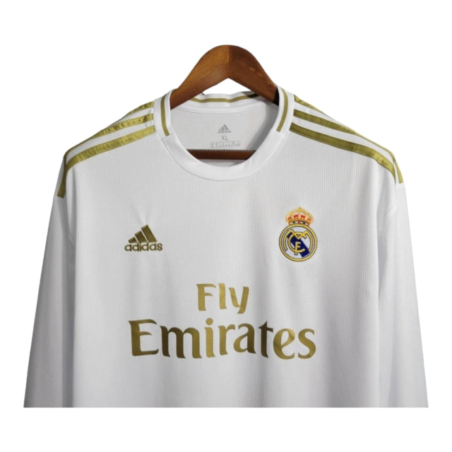 Camisa Manga Longa Retrô Real Madrid I (Home) 19/20 - Torcedor Masculina - Branco e Dourado