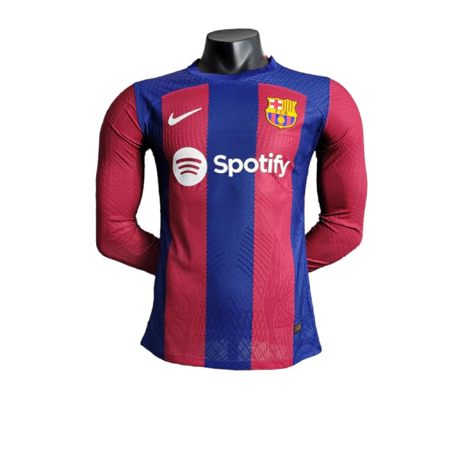 Camisa Manga Longa Barcelona I (Home) 23/24 - Jogador Masculina - Vermelho e Azul - Manto Elegante