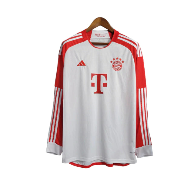 Camisa Manga Longa Bayern de Munique I (Home) 23/24 - Torcedor Masculina - Branco e Vermelho - Manto Elegante