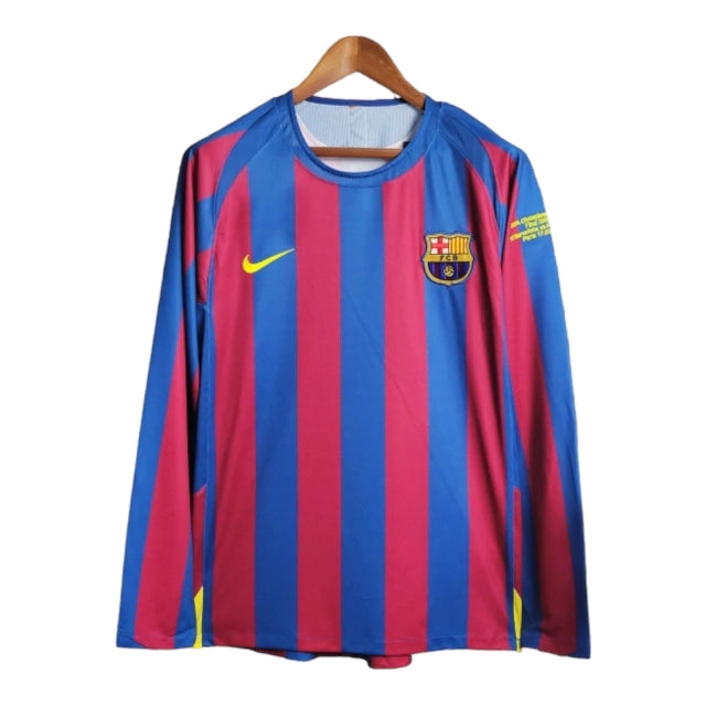 Camisa Manga Longa Retrô Barcelona I (Home) 05/06 - Torcedor Masculina - Vermelho e Azul - Manto Elegante