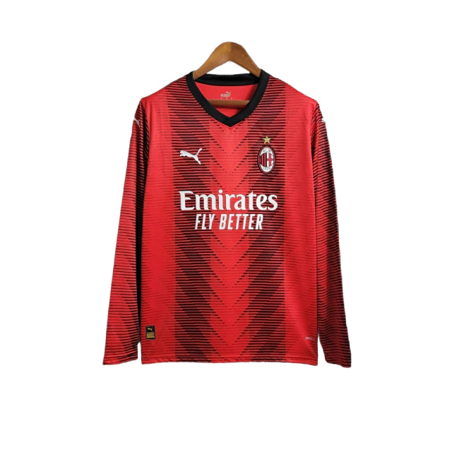 Camisa Manga Longa Milan I (Home) 23/24 - Torcedor Masculina - Vermelho e Preto - Manto Elegante