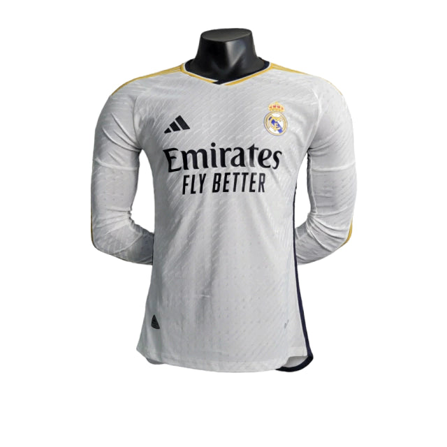 Camisa Manga Longa Real Madrid I (Home) 23/24 - Jogador Masculina - Branco - Manto Elegante