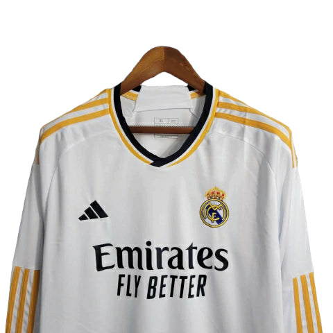 Camisa Manga Longa Real Madrid I (Home) 23/24 - Torcedor Masculina - Branco - Manto Elegante