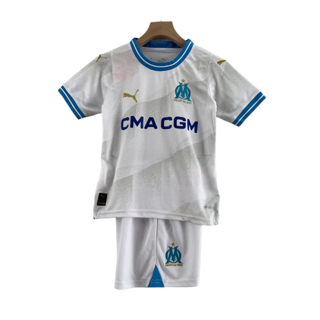 Conjunto Infantil Olympique de Marseille I (Home) 23/24 - Branco - Manto Elegante