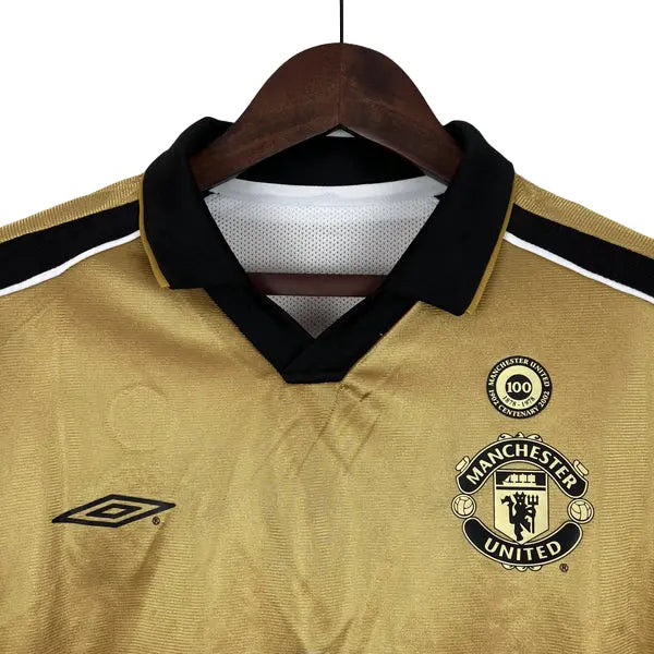 Camisa Manga Longa Retrô Dupla Face Manchester United 01/02 Edição Especial de 100 Anos - Torcedor Masculina - Branco ou Dourado - Manto Elegante