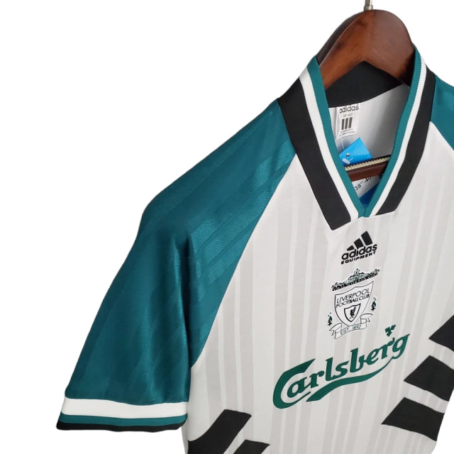 Camisa Retrô Liverpool II (Away) 1993 - Torcedor Masculina - Branco, Verde e Preto - Manto Elegante