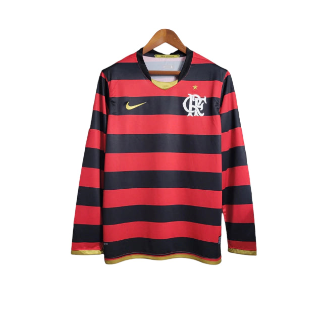 Camisa Manga Longa Retrô Flamengo I 08/09 - Torcedor Masculina - Vermelho e Preto - Manto Elegante