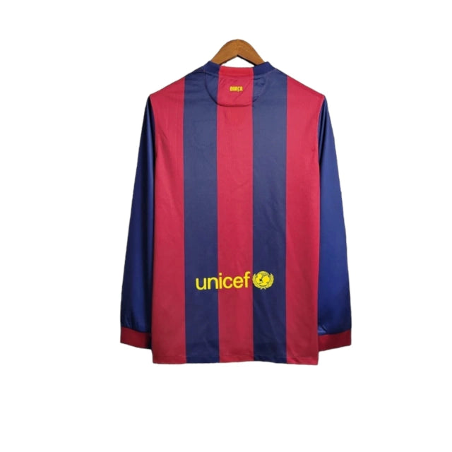 Camisa Manga Longa Retrô Barcelona I (Home) 14/15 - Torcedor Masculina - Vermelho e Azul - Manto Elegante