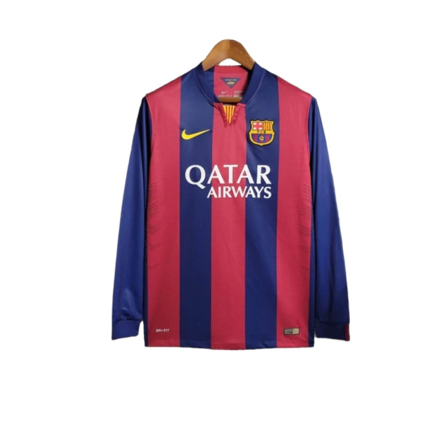 Camisa Manga Longa Retrô Barcelona I (Home) 14/15 - Torcedor Masculina - Vermelho e Azul - Manto Elegante