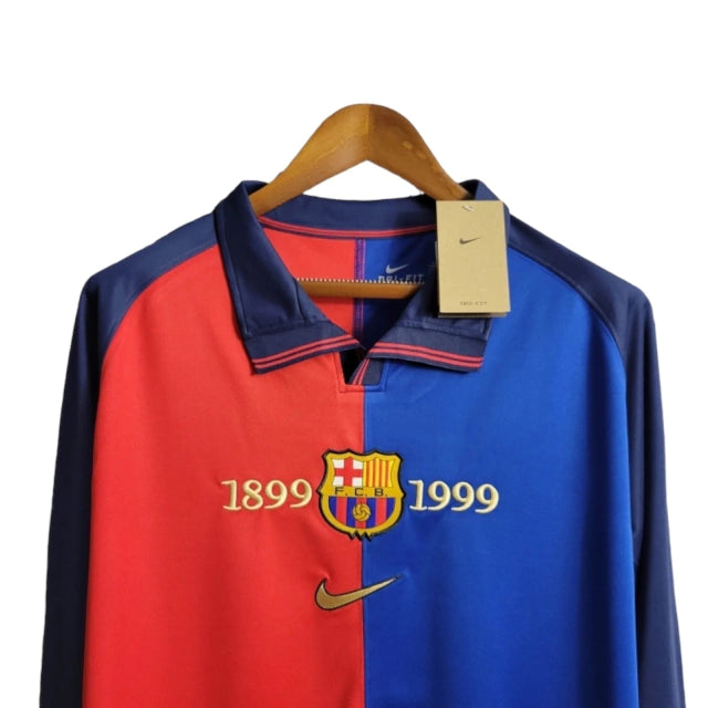 Camisa Manga Longa Retrô Barcelona Edição Especial Centenário 98/99 - Torcedor Masculina - Vermelho e Azul - Manto Elegante