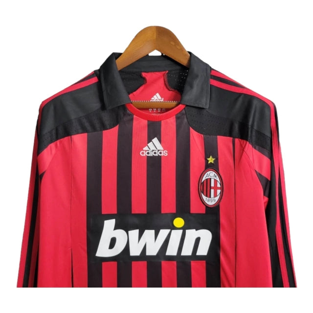 Camisa Manga Longa Retrô Milan I (Home) 06/07 - Torcedor Masculina - Vermelho e Preto - Manto Elegante