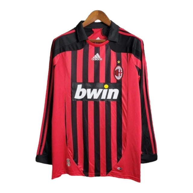 Camisa Manga Longa Retrô Milan I (Home) 06/07 - Torcedor Masculina - Vermelho e Preto - Manto Elegante