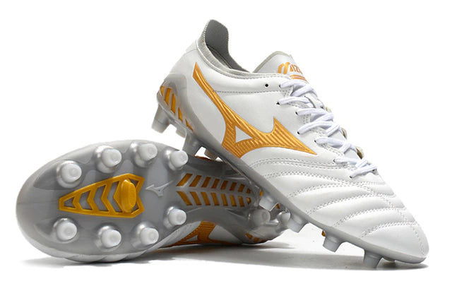 Chuteira de Campo Mizuno Morelia Neo Branca e Dourada - Manto Elegante