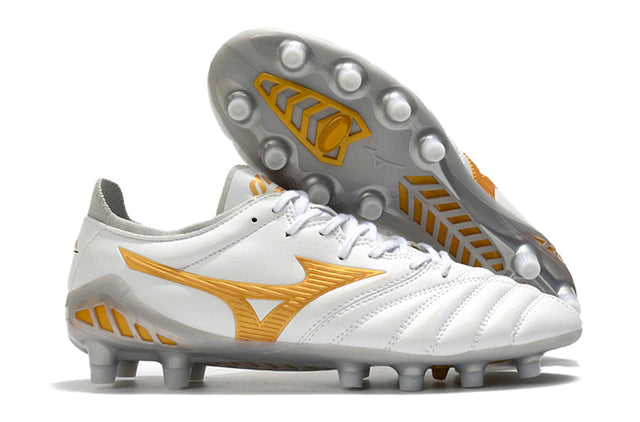 Chuteira de Campo Mizuno Morelia Neo Branca e Dourada - Manto Elegante