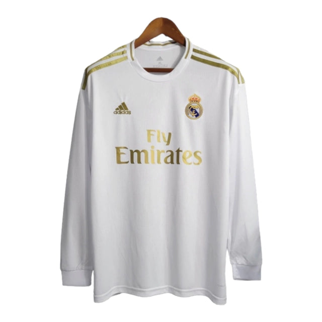 Camisa Manga Longa Retrô Real Madrid I (Home) 19/20 - Torcedor Masculina - Branco e Dourado